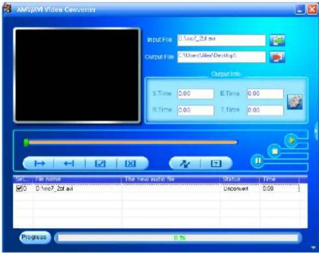 AMV/AMV Video Converter Input File: U:\mac7_2bf.avi Output File: \Users\Alex\Desktop\ Output Info S.Time 0.00 E.Time 0.00 R.Time 0.00 T.Time 0.00 Select File name The new audio file Status Time 0 D:\mac7_2bf.avi Unconvert 0.00 Progress 0 %