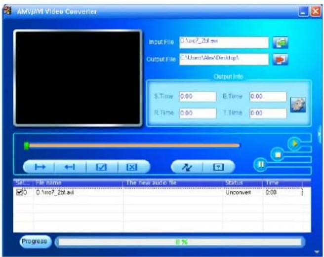 AMV/AMV Video Converter Input File: C:\win7_2bf.avi Output File: C:\Users\Video\Desktop\ Output Info: S.Time 0.00 E.Time 0.00 R.Time 0.00 T.Time 0.00 Set... File name The new audio file Status Time 0:01win7_2bf.avi Unconvert 0.00 Progress 0%