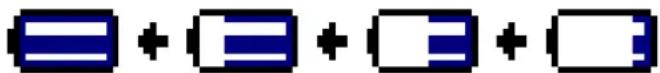 Pixelated diagram showing four blue rectangular blocks with plus signs, likely representing a battery or icon set.