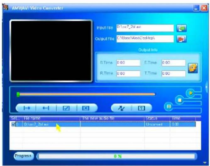 AMV/AVI Video Converter Input File: D:\boxtimes_2\div.avi Output File: C:\Users\Alex\Desktop\ Output Info B.Time 0.00 E.Time 0.00 R.Time 0.00 T.Time 0.00 SOL File name The new audio file Status Time B D:\boxtimes_2\div.avi Uncorrect 0.0 Progress 0%