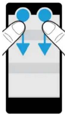 Illustration of a smartphone with two hands holding blue circular icons and downward arrows, no text or symbols present.