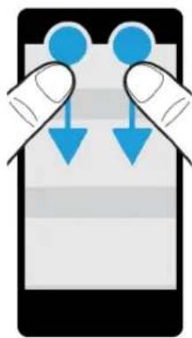Illustration of a smartphone with two hands holding blue circular icons and downward arrows, no text or symbols present.