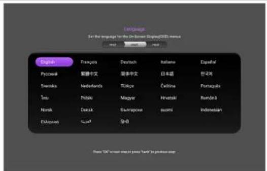 Language Set the language for the On-Burner Display(800) means English French Deutsch Kazama Español Pycnost 繁體中文 國泰中文 日本語 한국어 Svenska Nederlands Türkçe Čelina Portugals İnu Polski Magyar Hrvatski Română Norsk Dansk Saunapouca suzuki Indonesian Elsbysnă İşmăl Şingü From "OK" to next step press "Back" to previous step