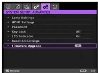SYSTEM SETUP ADVANCED • Lamp Settings • HDMI Settings • Password • Key Lock Off • LED Indicator On • Reset All Settings • Firmware Upgrade No Detail Edit