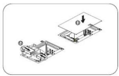 Technical diagram showing two mechanical assembly steps with labeled components and directional arrows