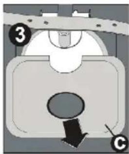 Diagram of a mechanical or electrical component with labeled parts 3 and C, showing internal structure and directional arrow.