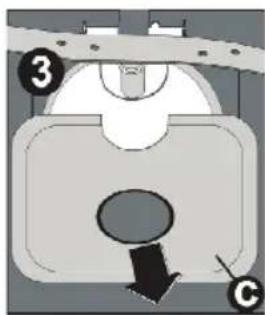 Diagram of a mechanical component with labeled parts 3 and C, showing a circular feature and directional arrow.