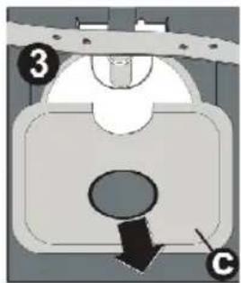 Diagram of a mechanical component with numbered parts and directional arrow, likely illustrating a process or assembly.