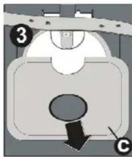 Diagram of a mechanical component with labeled parts and directional arrow, likely illustrating a motion or force system.