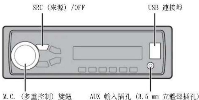SRC（來源）/OFF USB 連接埠 M.C.（多重控制）旋鈕 AUX輸入插孔（3.5 mm 立體聲插孔）