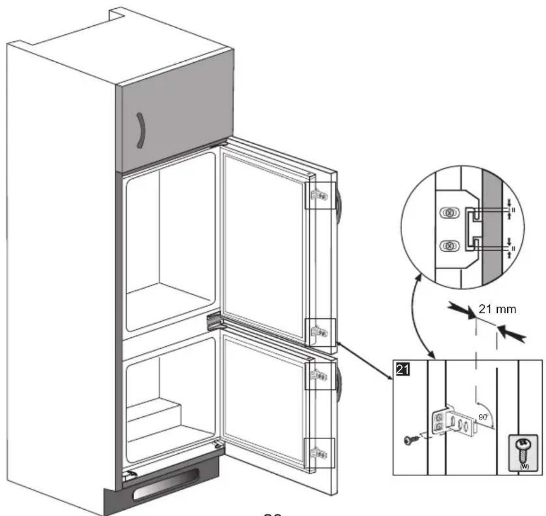 Technical diagram of a refrigerator with labeled components and dimensions, including 21 mm height and 90° angle annotation.