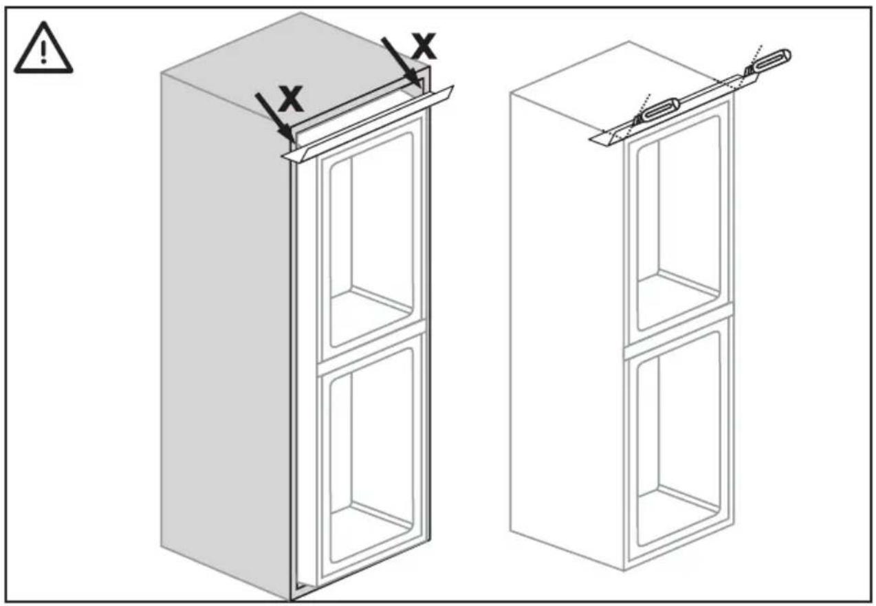 Technical diagram showing two views of a refrigerator with warning symbols and labeled components