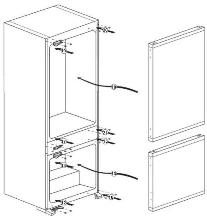 Technical diagram of a refrigerator with numbered parts and labeled connectors