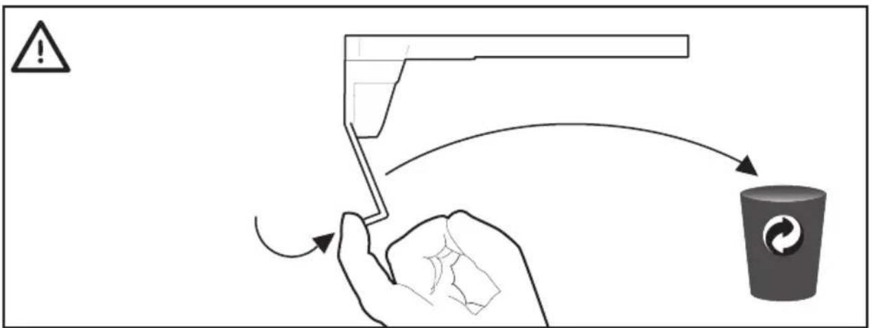 Diagram illustrating a hand holding a plastic cup with an arrow indicating motion, accompanied by a warning symbol and a recycling icon.