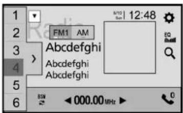 1 2 3 4 5 6 FM1 AM ABCdefghi ABCdefghi ABCdefghi 0/10 Sun 12:48 EQ S BSW 000.00 MHz 0