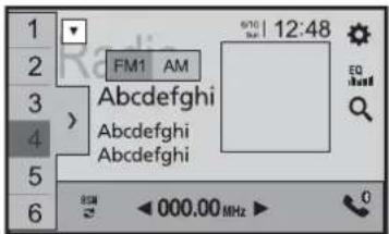 1 2 3 4 5 6 FM1 AM Abcdefghi Abcdefghi Abcdefghi 9:10 Hz 12:48 EQ band 000.00 MHz