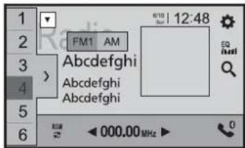 1 2 3 4 5 6 FM1 AM Abcdefghi Abcdefghi Abcdefghi 0/10 12:48 EQ Hind 000.00 MHz
