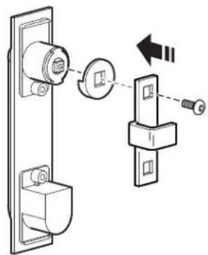 Diagram showing a door lock mechanism with a magnified inset view and directional arrow indicating motion or adjustment.