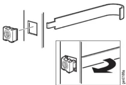 Technical diagram showing component assembly and directional view with labeled parts and a curved arrow symbol