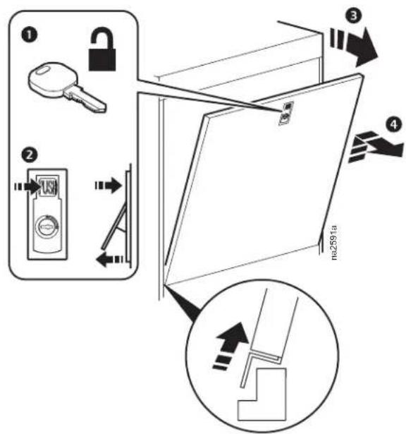 Diagram illustrating door lock and door assembly steps with labeled components and directional arrows
