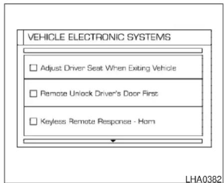 VEHICLE ELECTRONIC SYSTEMS □ Adjust Driver Seat When Exiting Vehicle □ Remote Unlock Driver's Door First □ Keyless Remote Response - Horn LHA0382