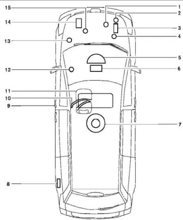 Technical diagram of a car with numbered parts for identification