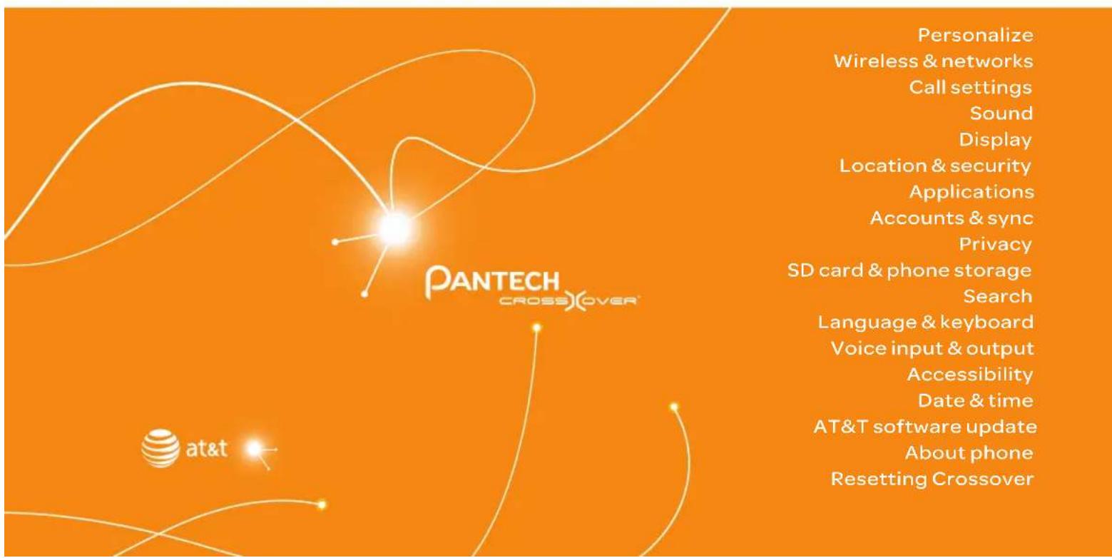Personalize Wireless & networks Call settings Sound Display Location & security Applications Accounts & sync Privacy SD card & phone storage Search Language & keyboard Voice input & output Accessibility Date & time AT&T software update About phone Resetting Crossover PANTECH CROSSOVER™ at&t
