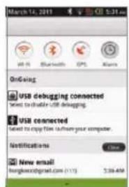 March 14, 2017 W-Fi Bluetooth GPS Maps OnGoing USB debugging connected Send to double USB debugging. USB connected Labeled to copy files from your computer. Notifications New email longbeox@gmail.com (113) 5:30 AM