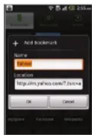 + Add bookmark Name: Facebook Location: http://m.yahoo.com/?.jsrc=a OK Cancel MySpace Facebook Wikipedia