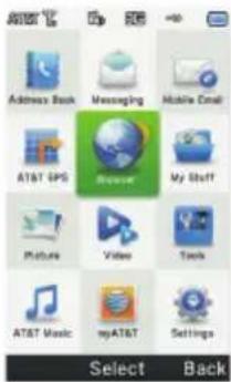 AT&T Address Book Messaging Mobile Email AT&T GPS Browse My Stuff Picture Video Tools AT&T Music myAT&T Settings Select Back
