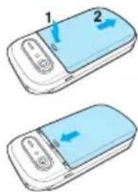 Diagram showing two views of a mobile phone with labeled parts and directional arrows indicating movement or change.