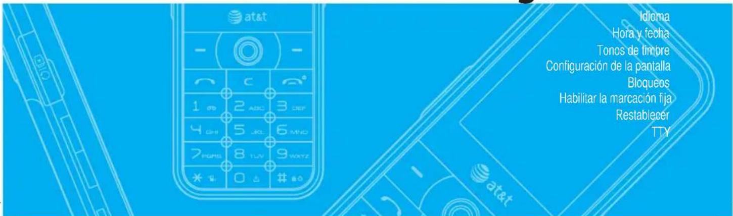 at&t Idioma Hora y fecha Tonos de timbre Configuración de la pantalla Bloqueos Habilitar la marcación fija Restablecer TTY