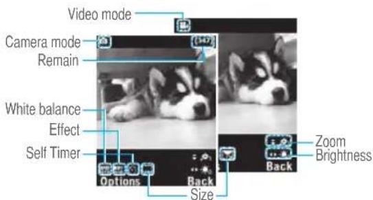Video mode Camera mode Remain White balance Effect Self Timer Options Back Size Zoom Brightness Back