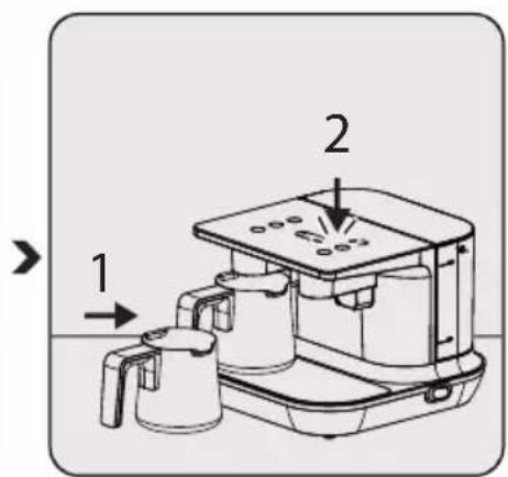 Diagram of a coffee maker with labeled parts and directional arrows indicating components