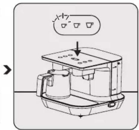 Diagram of a coffee maker with a warning label and directional arrow indicating process flow