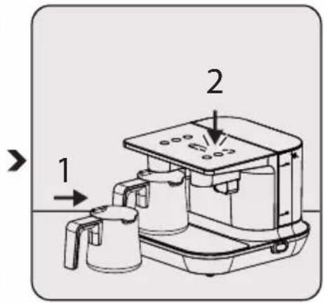 Diagram of a coffee maker with labeled parts and directional arrows indicating movement or processing steps