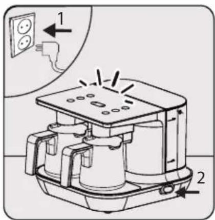 Technical diagram of a device with labeled parts and an inset showing a power outlet, likely illustrating electrical or mechanical components.
