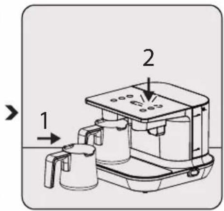 Diagram of a coffee maker with labeled parts and directional arrows indicating components