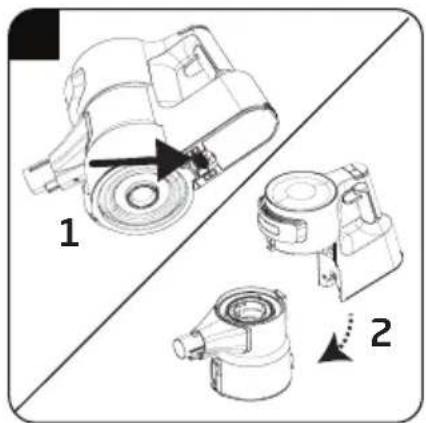 Technical diagram showing three mechanical components labeled 1, 2, and a directional arrow indicating movement or assembly.