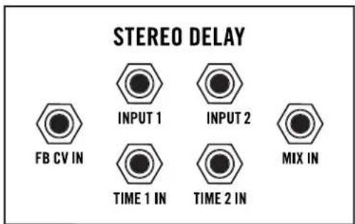 STEREO DELAY FB CV IN INPUT 1 INPUT 2 TIME 1 IN TIME 2 IN MIX IN