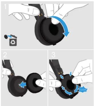 Diagram illustrating the three-step usage of a black headphones with blue directional arrows indicating rotation and click actions.