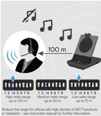 100 m 1 2 34 5 6 7 8 High radio range up to 100 m 1 2 34 5 6 7 8 Medium radio range up to 50 m 1 2 34 5 6 7 8 Low radio range up to 10 m Reduce the range for offices with high density of DECT products or headsets - see instruction manual for further information.