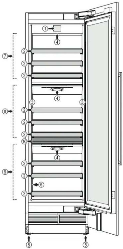 Technical diagram of a refrigerator with numbered components and labeled parts, likely for assembly or maintenance instructions.