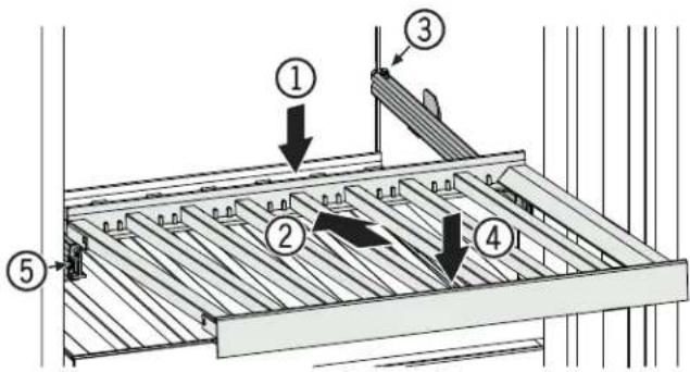 Technical diagram showing a mechanical assembly with numbered components and directional arrows indicating motion or force.