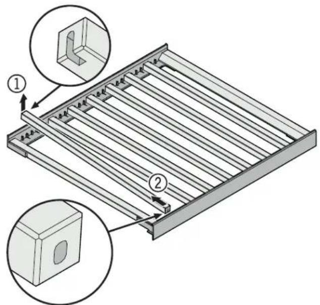 Technical diagram showing a metal frame structure with labeled components and magnified views of the component.