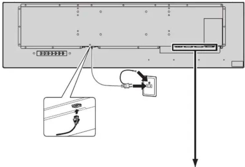 Diagram showing cable connection to a device with labeled ports and cable routing, including a zoomed-in detail view.