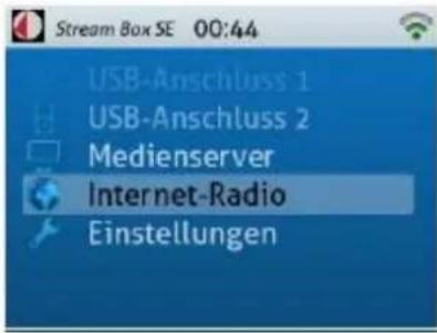 Stream Box SE 00:44 USB-Anschluss 1 USB-Anschluss 2 Medienserver Internet-Radio Einstellungen