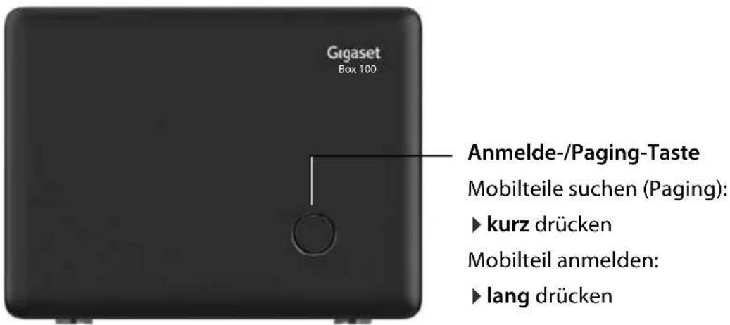 Gigaset Box 100 Anmelde-/Paging-Taste Mobilteile suchen (Paging): ► kurz drücken Mobilteil anmelden: ► lang drücken
