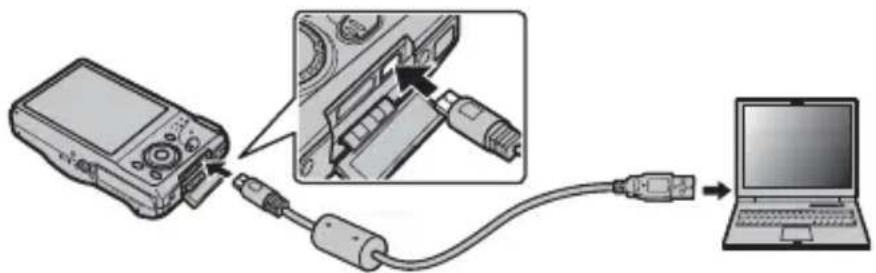 Diagram showing connection between a device and a laptop via cable, with an inset close-up highlighting the cable being inserted.