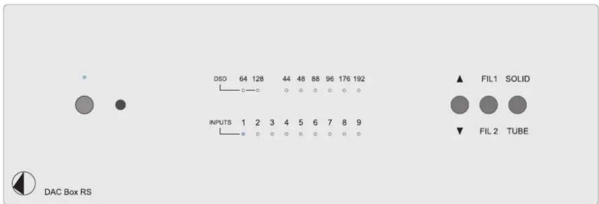 DSD 64 128 44 48 88 96 176 192 INPUTS 1 2 3 4 5 6 7 8 9 ▲ FIL1 SOLID ▼ FIL2 TUBE DAC Box RS